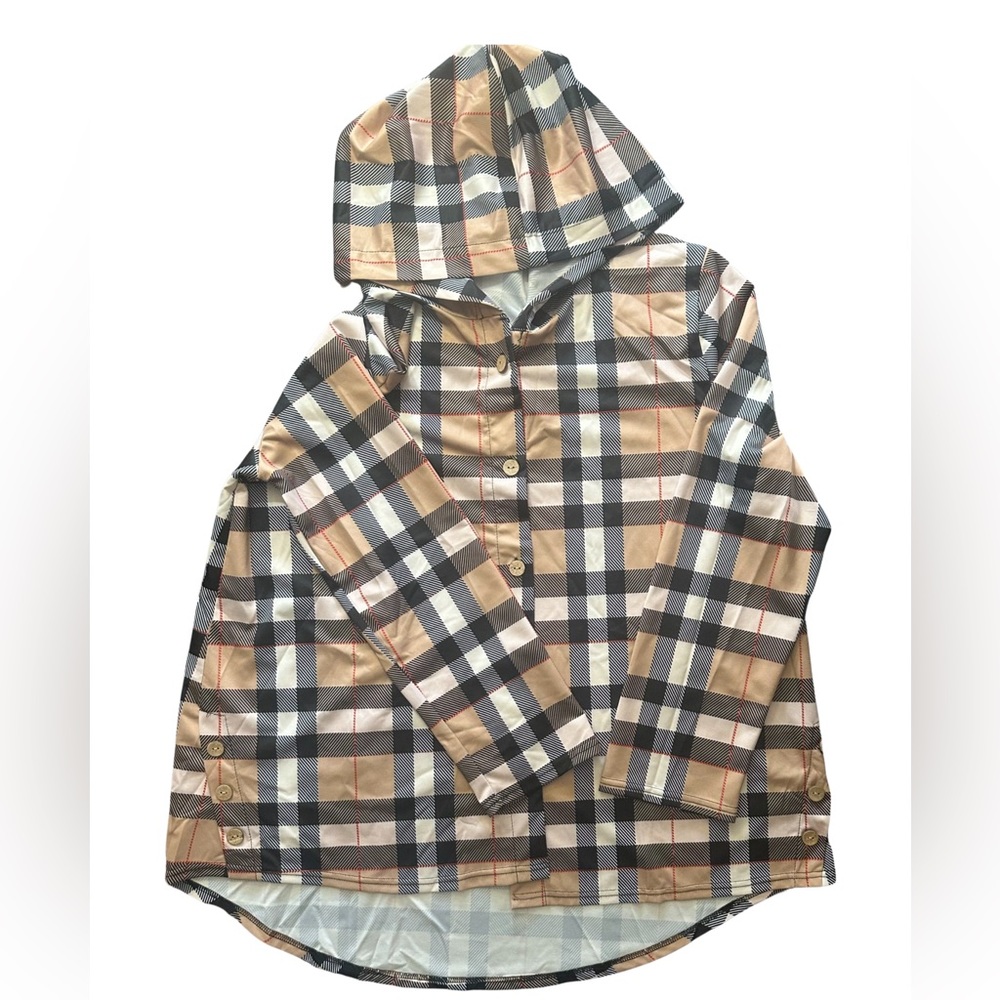 Loveu.Dear Burberry Patterned Hooded Button Down Asymmetrical Dress.